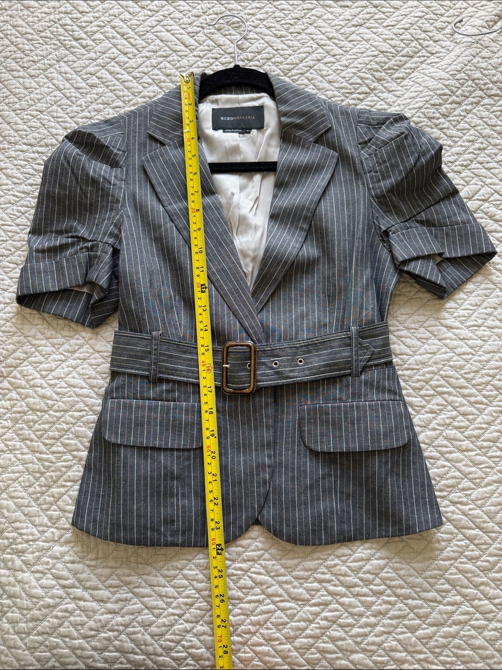 BCBGMaxAzria LARISSA Gray Pinstripe Short-Sleeve Belted Blazer Size S - Picture 5 of 11